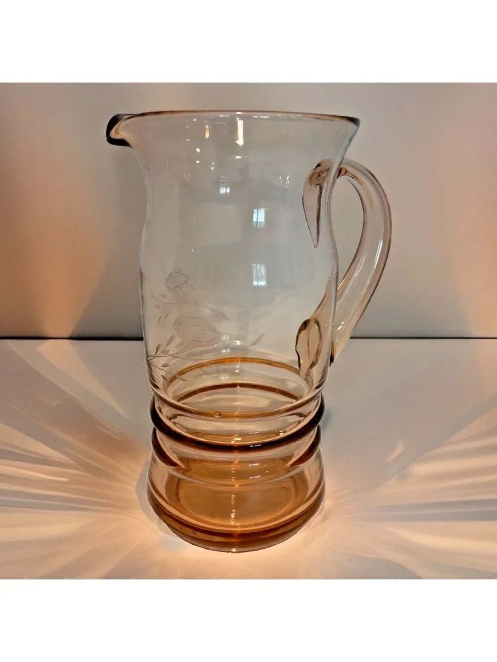 Vintage Pink Depression Glass Etched Pitcher 1 Quart Ribbed Flowers 1930s